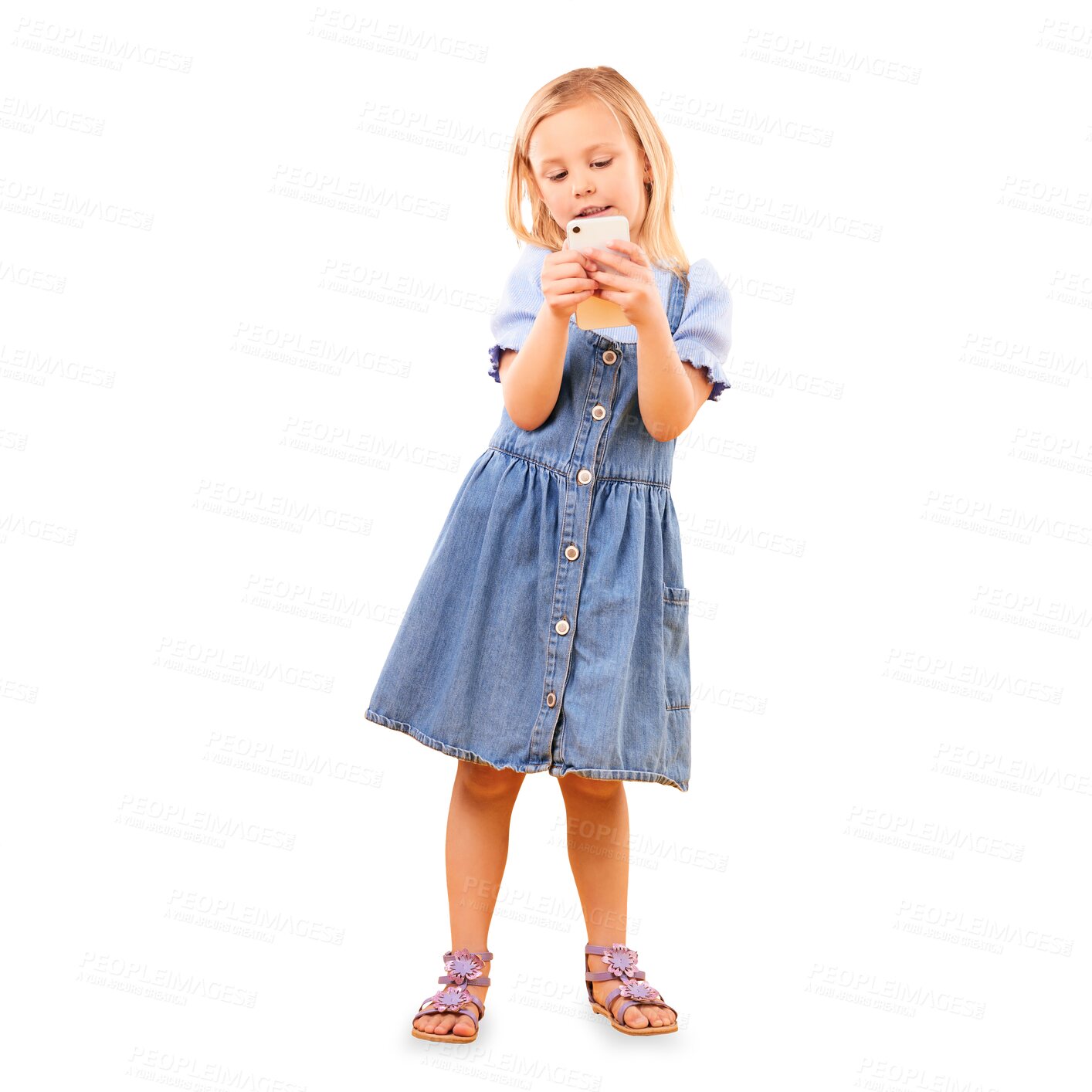 Buy stock photo Child, playing and typing with phone for games, app or online learning on transparent or png background. Happy, girl and kid with smartphone to watch a video on internet for education or development