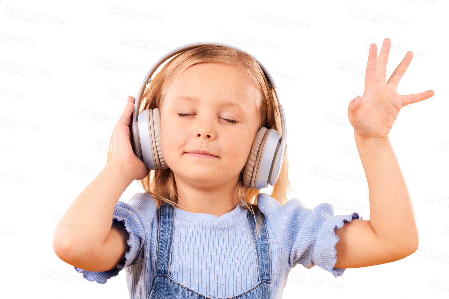 Buy stock photo Headphones, dancing or child streaming music to relax for freedom isolated on png transparent background. Smile, face or happy girl listening to a radio song, sound or audio on online subscription