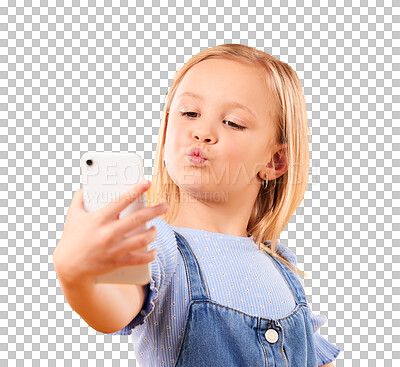 Buy stock photo Cellphone, selfie or pout of girl, child and photography isolated on a transparent background. Person, model and kid with a smartphone, memory and social media with png, network or happiness with app