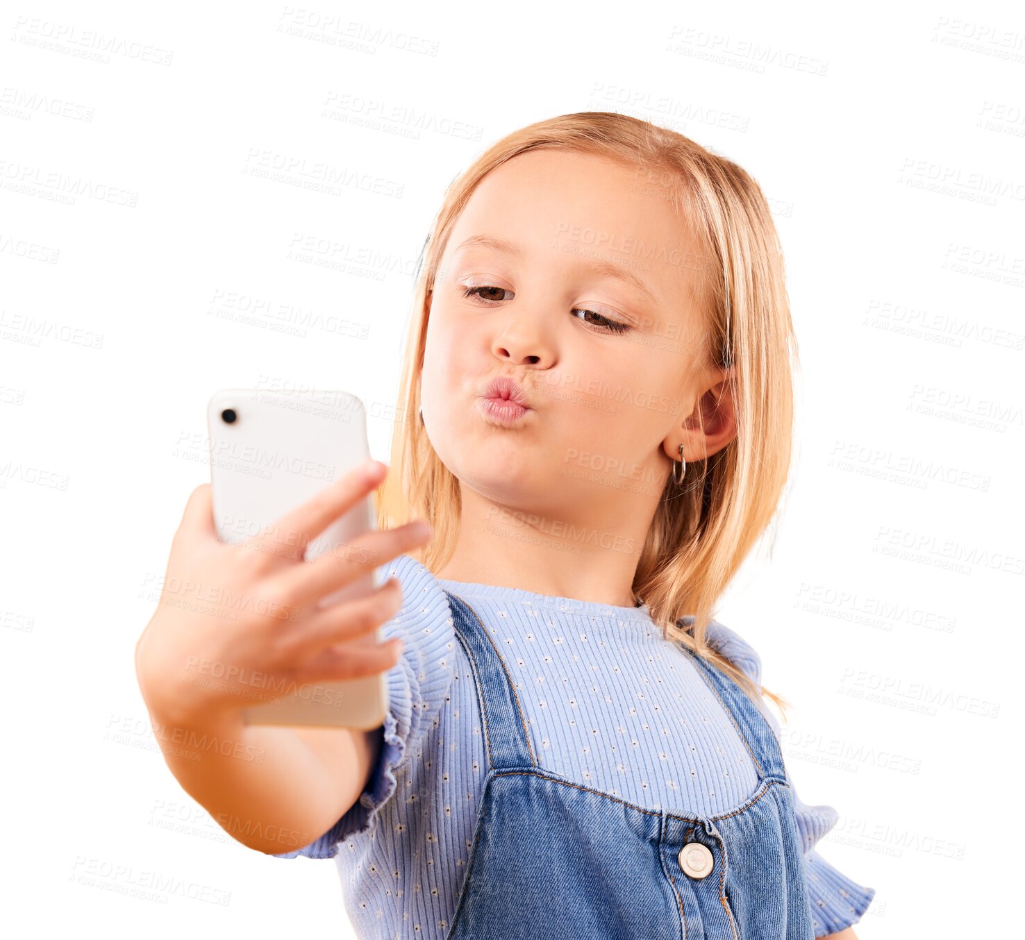 Buy stock photo Cellphone, selfie or pout of girl, child and photography isolated on a transparent background. Person, model and kid with a smartphone, memory and social media with png, network or happiness with app