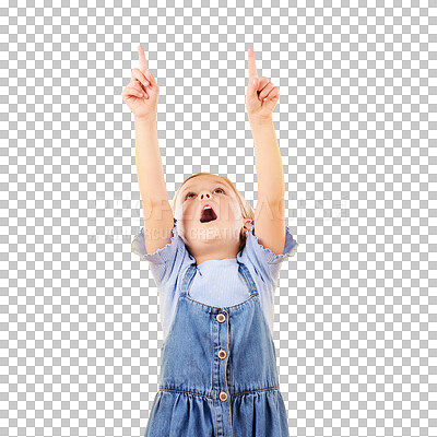 Buy stock photo Wow, surprise and kid girl pointing up at news, discount deal or show ads promo, offer or information. Announcement, coming soon notification or shocked child isolated on transparent, png background