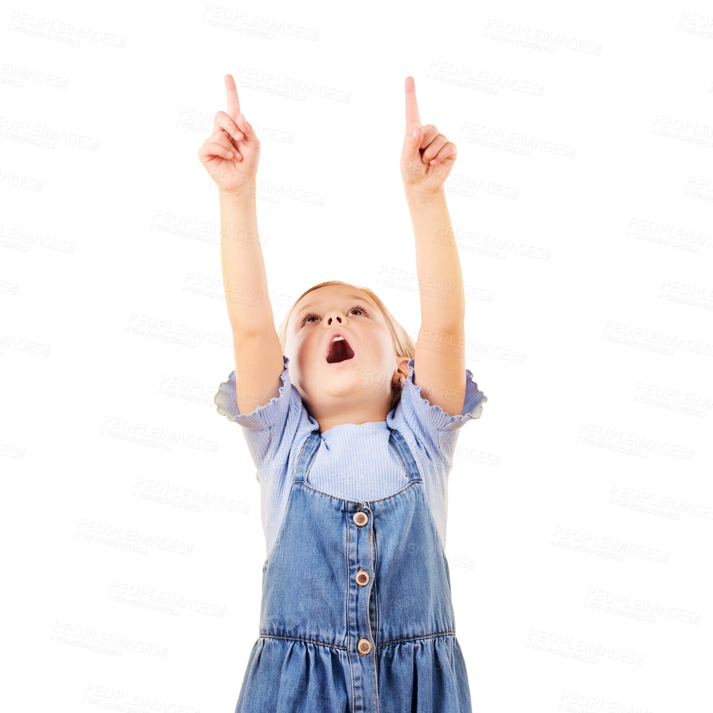 Buy stock photo Wow, surprise and kid girl pointing up at news, discount deal or show ads promo, offer or information. Announcement, coming soon notification or shocked child isolated on transparent, png background