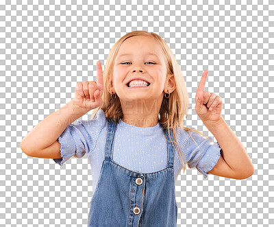 Buy stock photo Happiness, portrait and kid girl pointing up at advertising news, discount deal or show youth promo, direction or commercial. Announcement, info and child isolated on transparent, png background