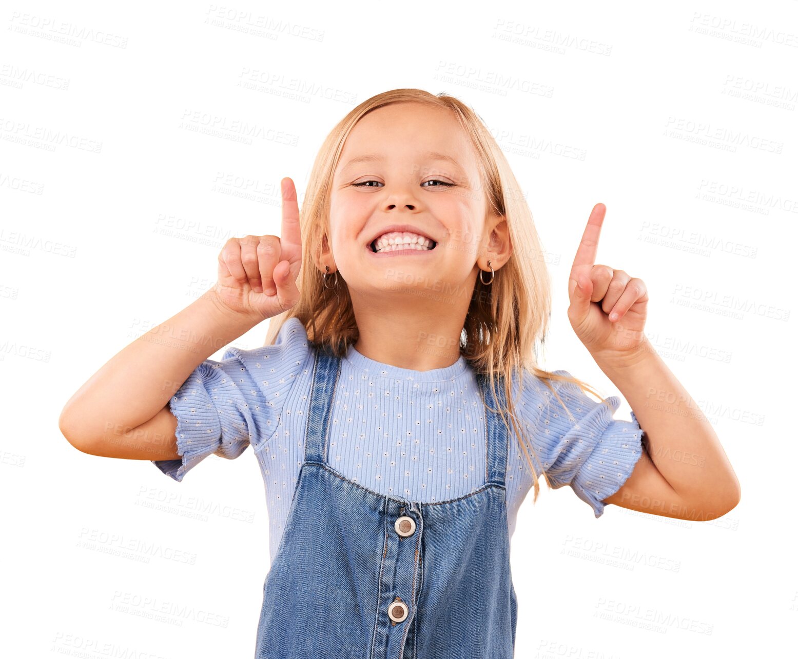 Buy stock photo Happiness, portrait and kid girl pointing up at advertising news, discount deal or show youth promo, direction or commercial. Announcement, info and child isolated on transparent, png background