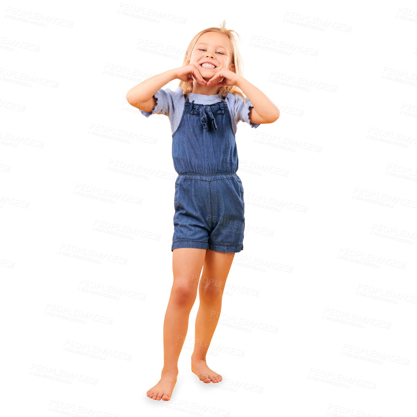 Buy stock photo Child, smile and portrait of girl with confidence, happiness or fashion in transparent, isolated or png background. Hands, face or kid in casual outfit, style or barefoot in denim jumpsuit or clothes