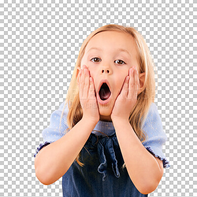 Buy stock photo Surprise, portrait and young kid girl react to OMG news, WTF discount deal or youth commercial promotion. Wow announcement, emoji facial expression and child isolated on transparent, png background