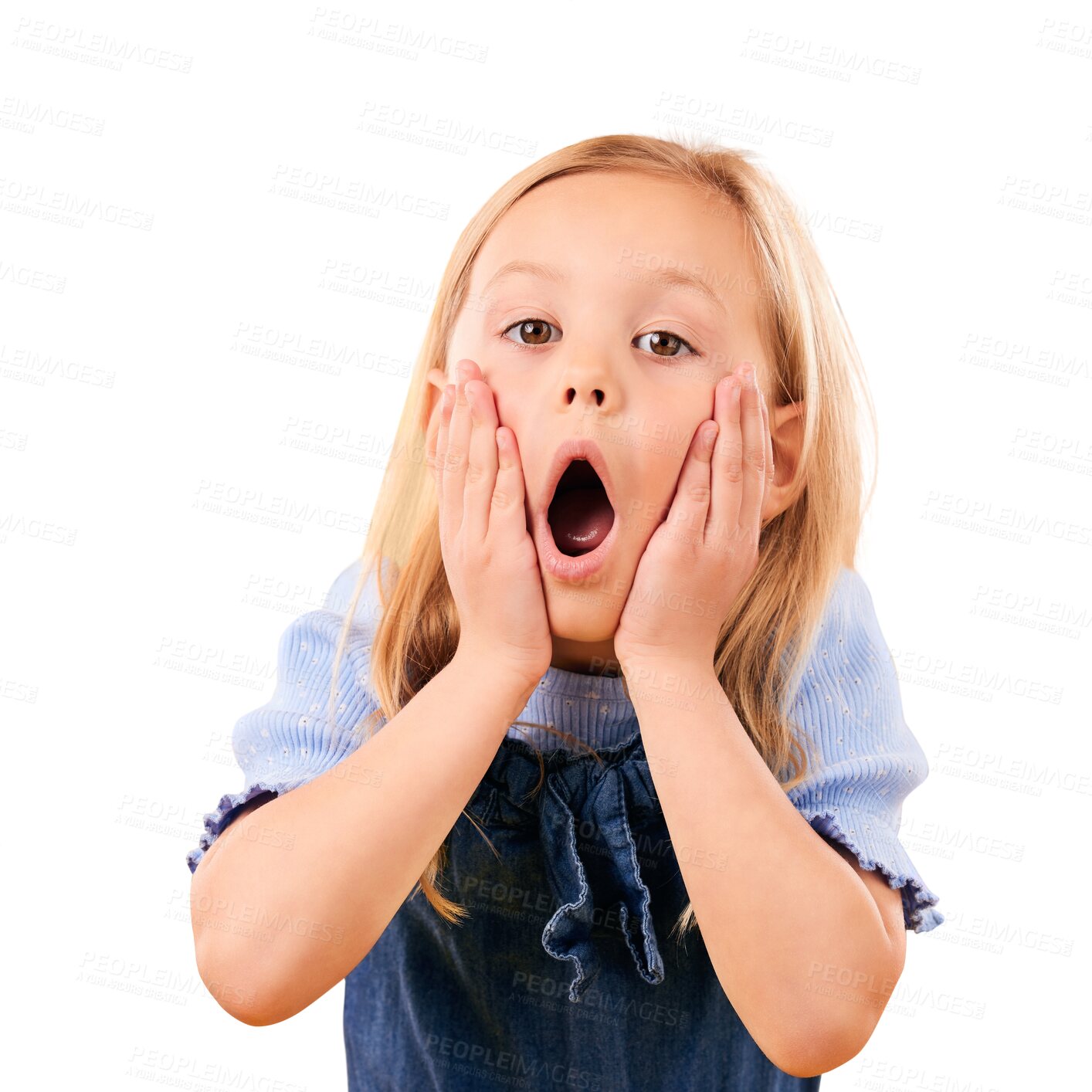 Buy stock photo Surprise, portrait and young kid girl react to OMG news, WTF discount deal or youth commercial promotion. Wow announcement, emoji facial expression and child isolated on transparent, png background