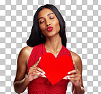 Woman, paper heart and kiss in studio with lips, makeup and beauty with romantic sign by red background. Girl, fashion model and cardboard emoji with love for cosmetic, valentines day date or pout