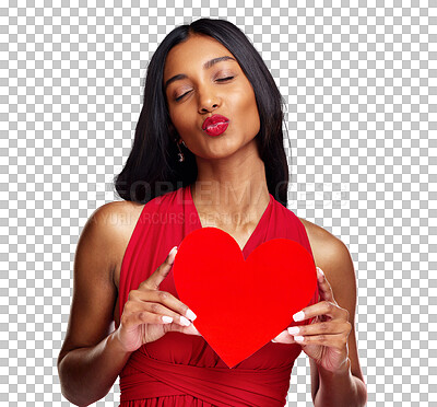 Buy stock photo Pout, heart and woman with love on valentines day isolated on png transparent background for romance. Red lips, emoji and happy female person holding a shape or symbol of affection, care or flirting