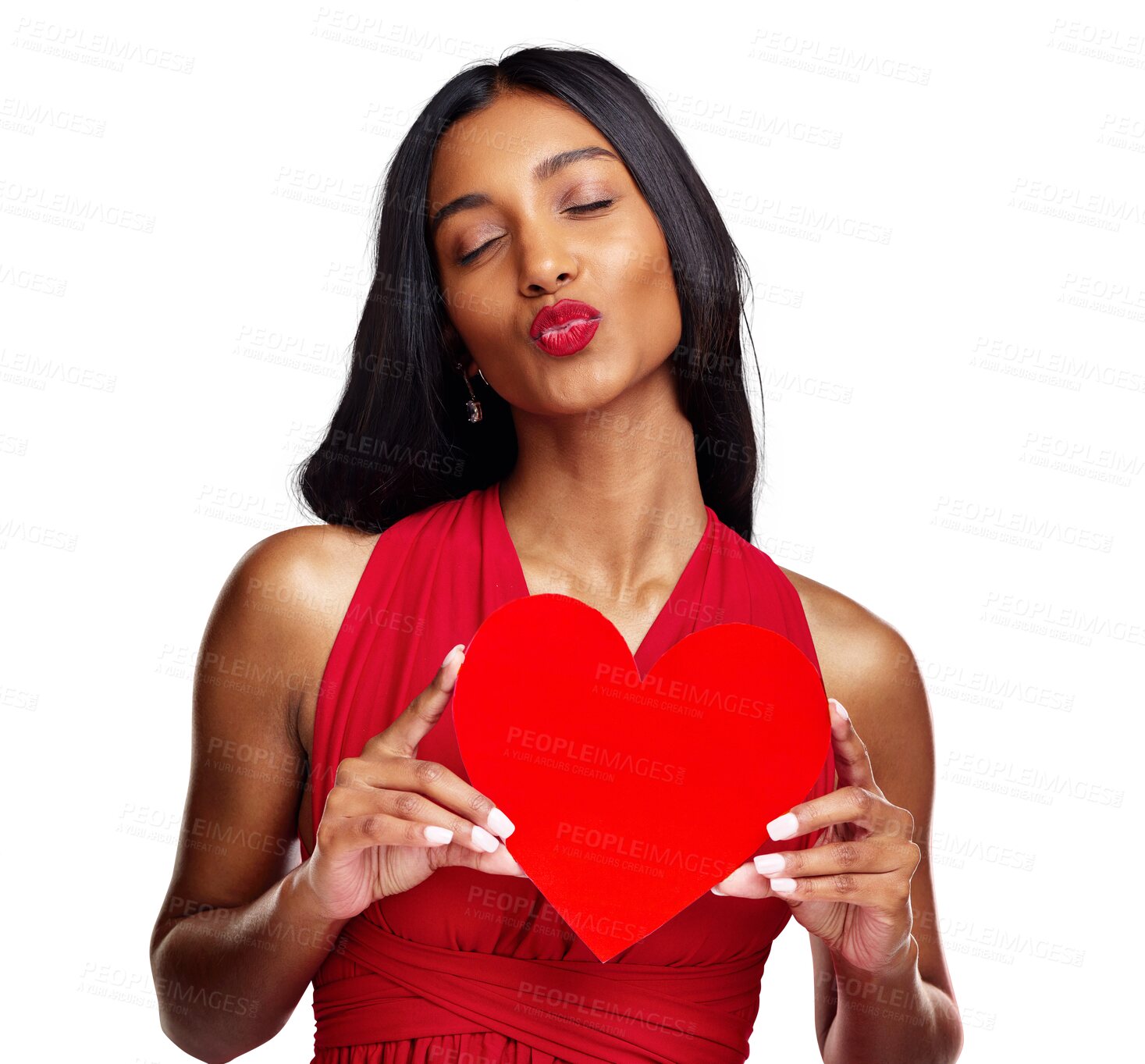 Buy stock photo Pout, heart and woman with love on valentines day isolated on png transparent background for romance. Red lips, emoji and happy female person holding a shape or symbol of affection, care or flirting