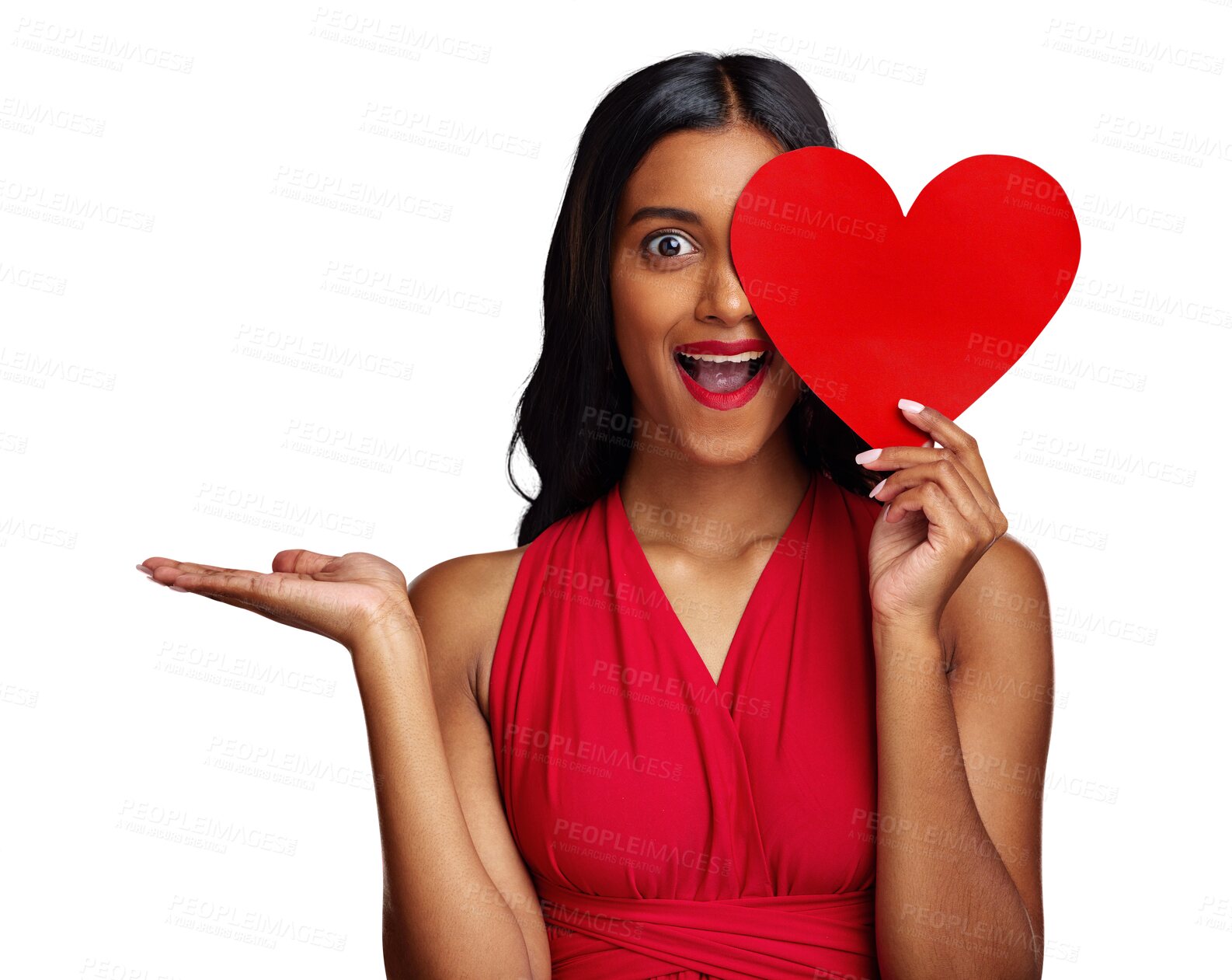 Buy stock photo Surprise, paper heart and makeup in portrait, face and beauty for romantic sign on isolated transparent png background. Girl, fashion model and cardboard emoji for love, hand palm and valentines day