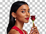 Beautiful, portrait and an Indian woman with a rose on a studio