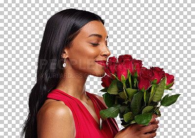 Buy stock photo Woman, red roses and smell with smile, eyes closed and beauty for romantic gesture on isolated transparent png background. Girl, fashion model and flower bouquet for love, cosmetic and valentines day