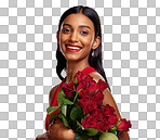 Happy, flowers and portrait of an Indian woman on a studio backg