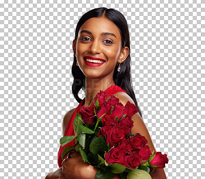Buy stock photo Happy, flowers and portrait of Indian woman for valentines day isolated on a transparent PNG background. Face of young female person or model smile with red roses for floral gift, romance or love