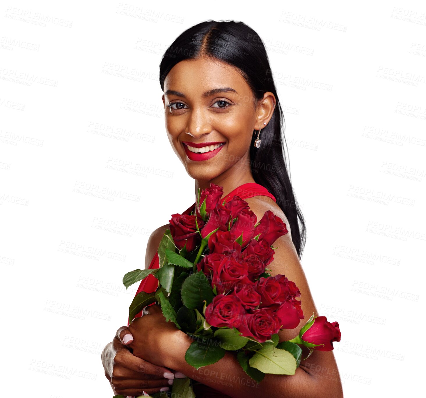 Buy stock photo Happy woman, portrait smile and red roses for valentines day isolated on a transparent PNG background. Face of young Indian female person with bouquet of flowers for romance, love or floral gift