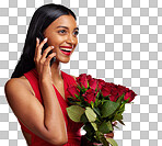 Phone call, laugh and a happy woman with roses on a studio backg