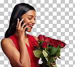 Phone call, talking and a woman with roses on a studio backgroun