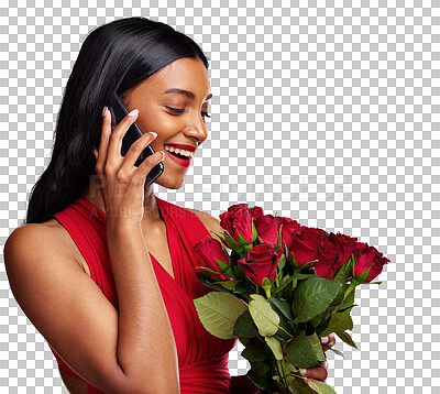 Buy stock photo Happy woman, phone call and talking with bouquet of roses isolated on a transparent PNG background. Indian female person speaking on mobile smartphone with flowers for romance, love or valentines day