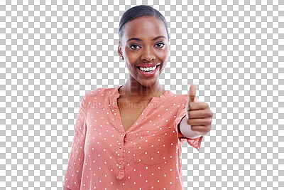 Buy stock photo Woman, thumbs up and agree or smile in portrait, yes and success or review, vote and emoji or icon. Happy black person, sign and thank you or support, like and isolated on transparent png background