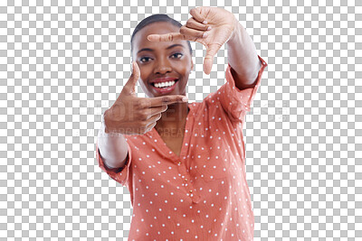 Buy stock photo Portrait, photograph and finger frame with a black woman isolated on a transparent background to measure size. Smile, hands and distance with a happy young photographer on PNG for a picture view