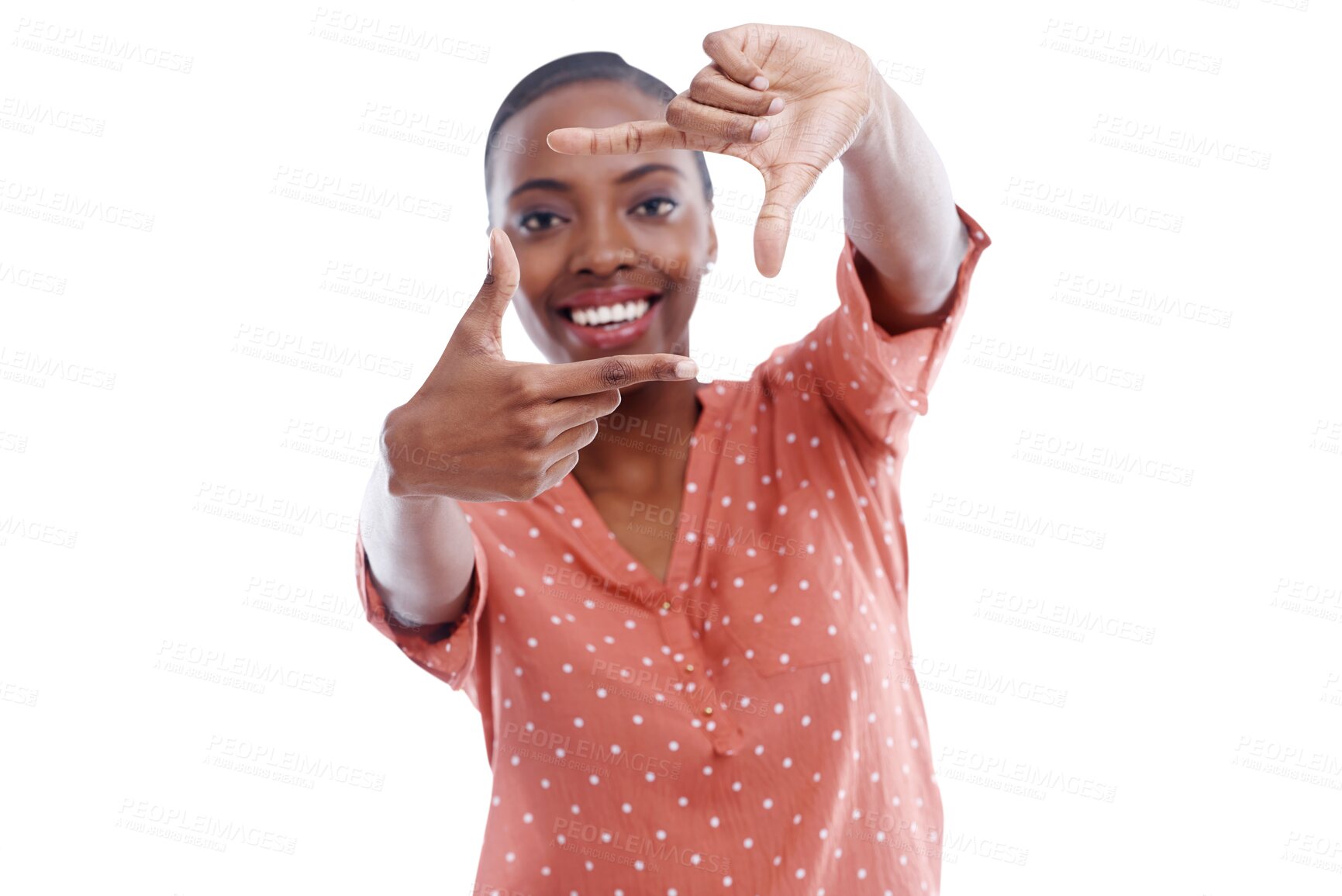 Buy stock photo Portrait, photograph and finger frame with a black woman isolated on a transparent background to measure size. Smile, hands and distance with a happy young photographer on PNG for a picture view