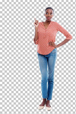 Buy stock photo Presentation, black woman or pointing up to offer, announcement or advertising ideas. Transparent, png background or African person isolated to show marketing of promotion, commercial news or review