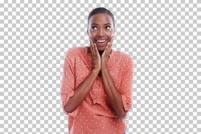 Buy stock photo Thinking, surprise and black woman with happiness, news and announcement isolated on a transparent background. African person, girl and model with a smile, ideas and shocked with png, emotion and wow