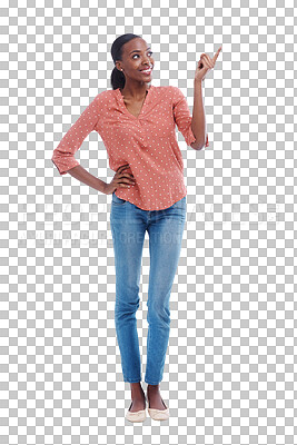 Buy stock photo Smile, black woman or pointing up to offer, announcement or advertising choice on png background. Transparent, happy or African lady isolated to show marketing of promotion, commercial news or review