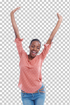 Buy stock photo Happy, hands up or black woman isolated for celebration, achievement or goal on png background. Transparent, smile or African person with pride, success or joy for target, bonus or sale announcement