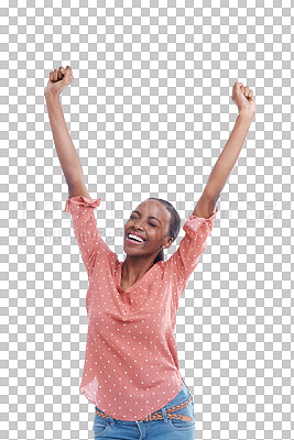 Buy stock photo Excited, black woman or hands up for celebration, achievement or goal on png background. Transparent, happy winner or isolated African person with lotto success for target, bonus or sale announcement