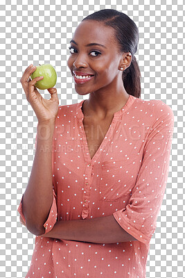 Buy stock photo Isolated black woman, apple and portrait with smile, diet or nutrition by transparent png background. African girl, green fruit and happy for vegan food, detox or face for health, wellness or fashion