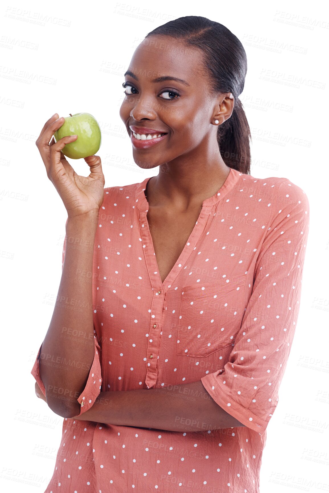 Buy stock photo Isolated black woman, apple and portrait with smile, diet or nutrition by transparent png background. African girl, green fruit and happy for vegan food, detox or face for health, wellness or fashion