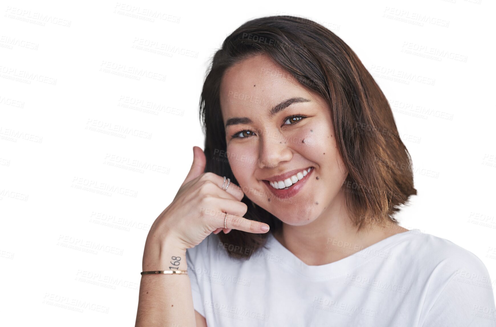 Buy stock photo Portrait, smile and woman with call me sign, conversation or communication. Face, contact or phone hand gesture of Asian person talk, chat and mobile connection isolated on transparent png background