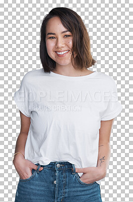 Buy stock photo Woman, portrait or happy with fashion, beauty or casual style for cosmetics isolated on png transparent background. Person, face or smile with glow skin, confidence or pride for skincare and wellness