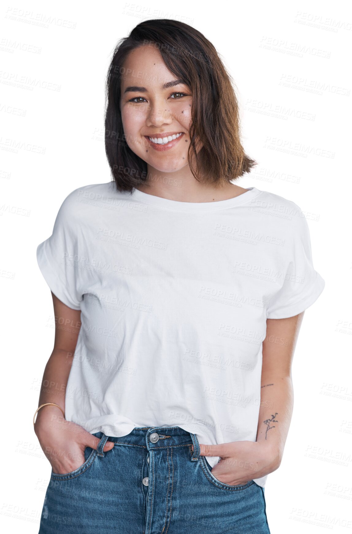 Buy stock photo Woman, portrait or happy with fashion, beauty or casual style for cosmetics isolated on png transparent background. Person, face or smile with glow skin, confidence or pride for skincare and wellness