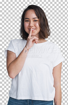 Buy stock photo Portrait, smile and hush with a young asian woman isolated on a transparent background for secret, gossip or mystery. Privacy, silence or finger on lips and a happy person on PNG with a shush gesture