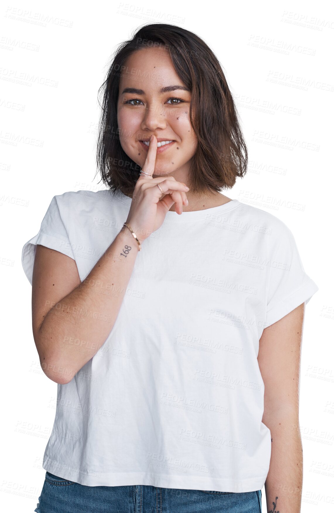 Buy stock photo Portrait, smile and hush with a young asian woman isolated on a transparent background for secret, gossip or mystery. Privacy, silence or finger on lips and a happy person on PNG with a shush gesture