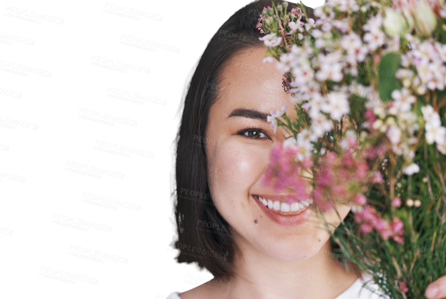 Buy stock photo Woman, happy portrait or bouquet with natural beauty for organic skincare with wellness. Young model, smile face or flowers for cruelty free spring cosmetic or isolated on transparent png background