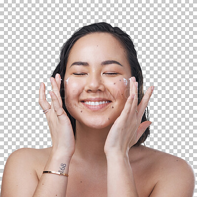 Buy stock photo Woman, smile and moisturiser for skincare, application and isolated on transparent png background. Asian female person, lotion and hydration for skin, care and creme or joy, cosmetics and dermatology