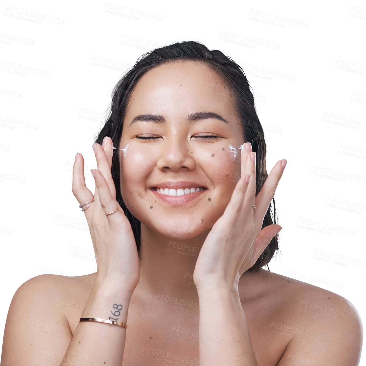 Buy stock photo Woman, smile and moisturiser for skincare, application and isolated on transparent png background. Asian female person, lotion and hydration for skin, care and creme or joy, cosmetics and dermatology