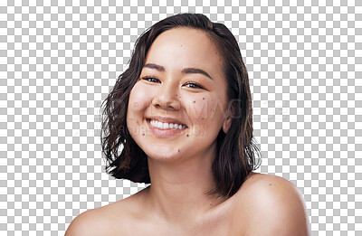 Buy stock photo Woman, beauty and smile in portrait, cosmetics and confident or isolated on transparent png background. Asian female person, face and positive mindset for skincare, dermatology and self care or relax