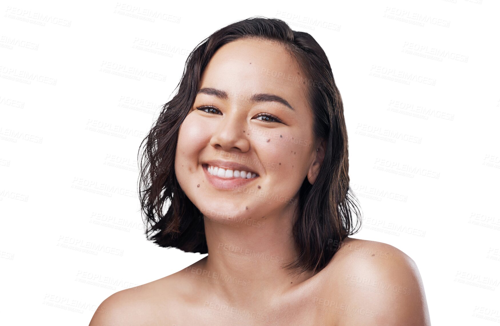 Buy stock photo Woman, beauty and smile in portrait, cosmetics and confident or isolated on transparent png background. Asian female person, face and positive mindset for skincare, dermatology and self care or relax