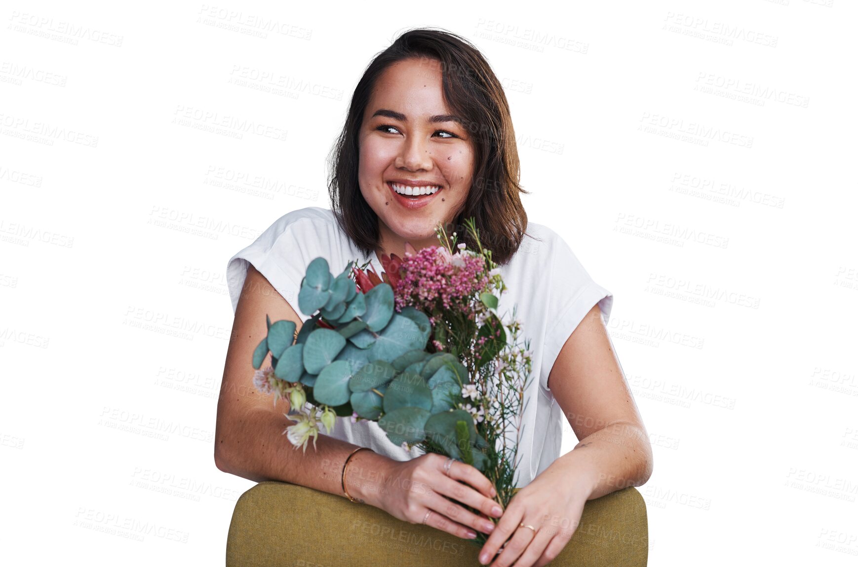 Buy stock photo Woman, happy or bouquet with natural beauty for organic cosmetics with wellness. Young model, smile and flowers for cruelty free spring make up with fashion and isolated on transparent png background