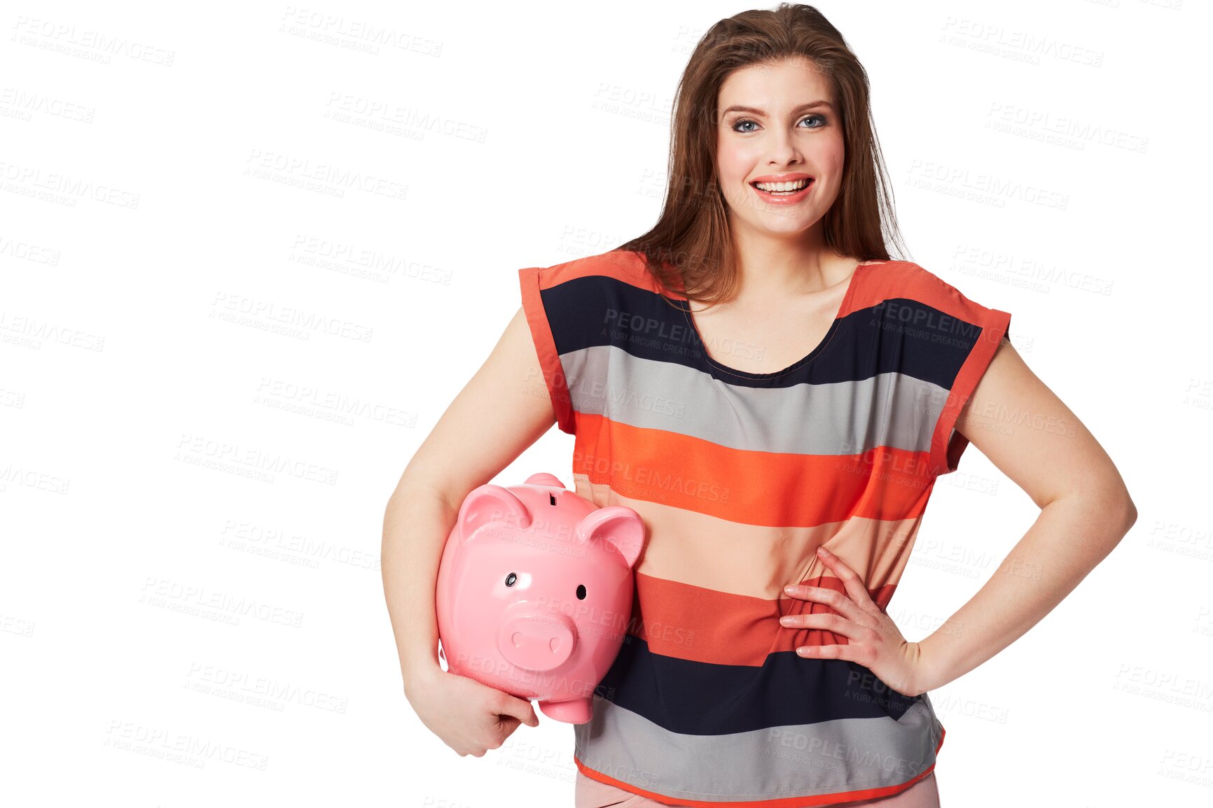 Buy stock photo Woman, happy portrait and trendy fashion with casual aesthetic for contemporary style. Young model, smile face or sale clothes with savings with piggybank and isolated on transparent png background