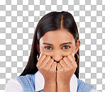 Portrait, wow and excited with a woman on a yellow background in studio looking shocked or in awe. Face, surprise and omg with an attractive young female standing hands over mouth in amazement