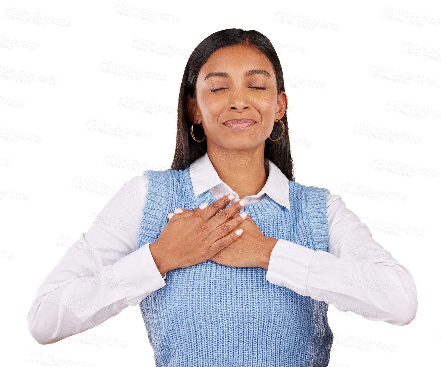 Buy stock photo Smile, peace and relax with a happy indian woman isolated on a transparent background for love or satisfaction. Heart, hope and hands on chest with a calm person on PNG for mindfulness or awareness