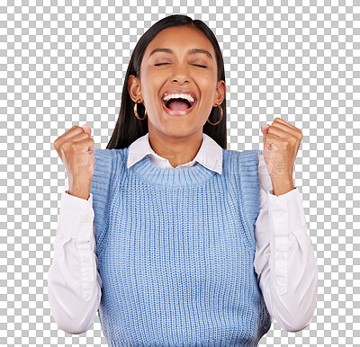 Buy stock photo Happy, excited and young woman with a smile for positive, good and confident winning attitude. Surprise, pride and Indian female person with joyful expression isolated by transparent png background.