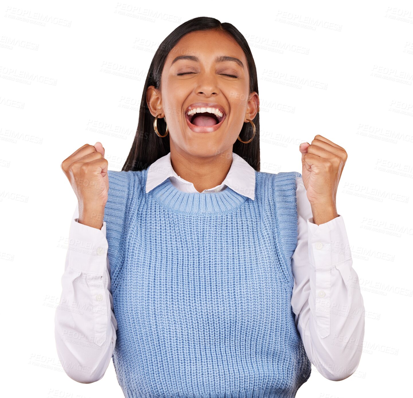 Buy stock photo Happy, excited and young woman with a smile for positive, good and confident winning attitude. Surprise, pride and Indian female person with joyful expression isolated by transparent png background.