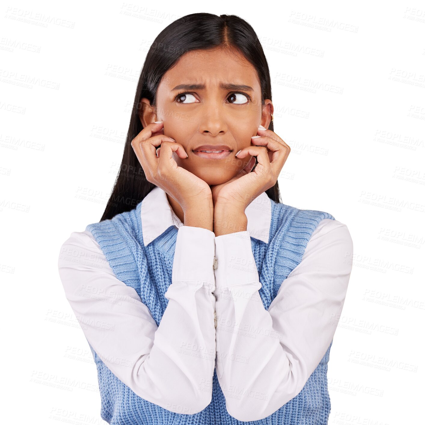 Buy stock photo Anxiety, stress or worry with a young indian woman isolated on a transparent background looking confused. Thinking, why and fear with a scared person on PNG in doubt while feeling nervous or afraid